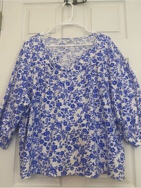 Lands' End White and Blue Floral V-Neck Tunic 3X 100% Cotton
